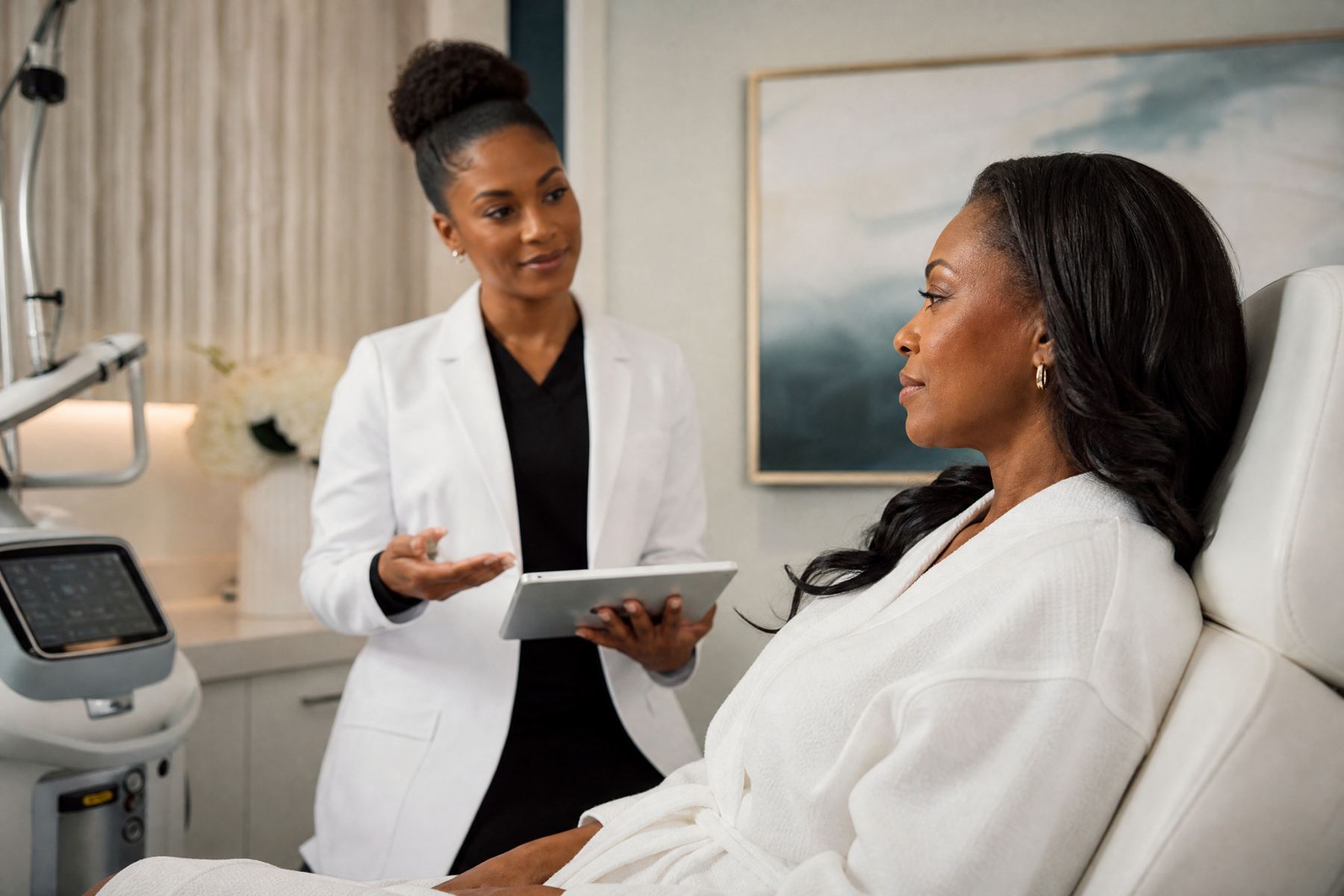 African American woman receiving a laser skin-care consultation with an African American clinician